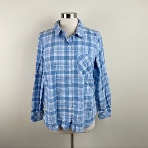 Tommy Hilfiger Blue White Plaid Button Down Long Sleeve Collared Top Women Large